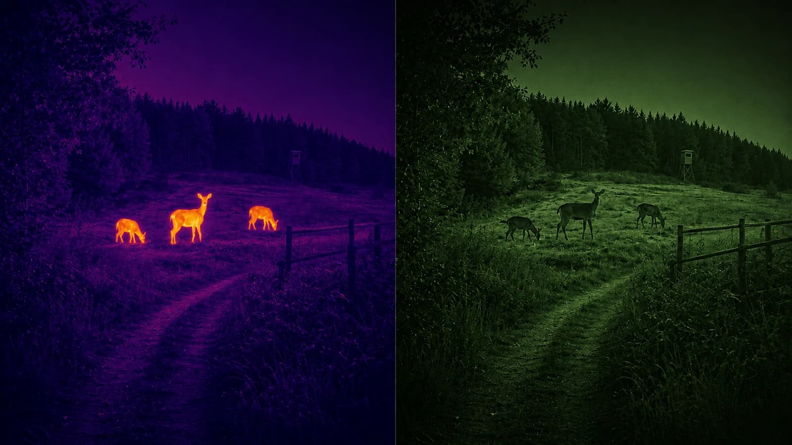 Porównanie obrazu termowizyjnego i noktowizyjnego podczas nocnej obserwacji jeleni